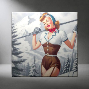 Carreau Pin-up ski hiver vintage