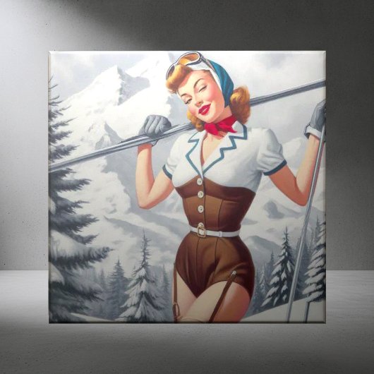 Carreau Pin-up ski hiver vintage
