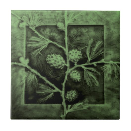 Carreau Pinecones Branches Green Faux Relief Antique Repro (Devant)