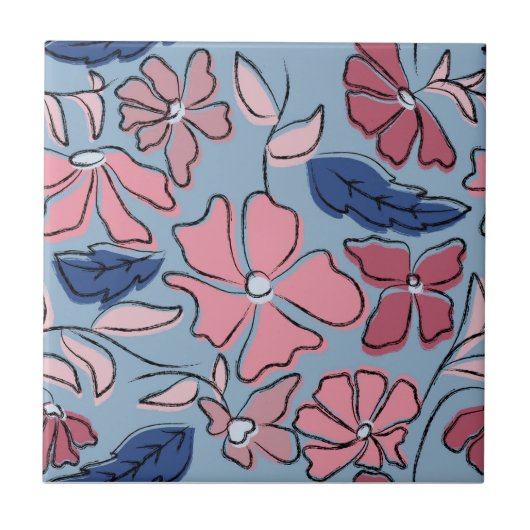 Carreau Pink and Blue Hand Drake Floral Block Print (Devant)