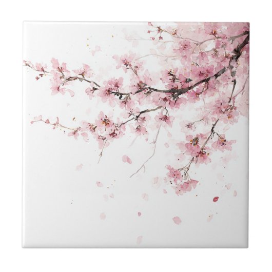 Carreau Pink Cherry Blossom Sakura Watercolor Floral (Devant)