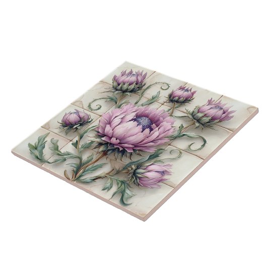 Carreau Pink Thistle Flowers Ceramic Tile (Côté)