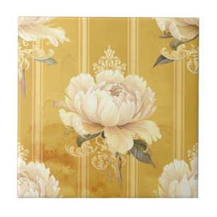 Carreau Pivoine ivoire vintage sur rayures dorées moutarde