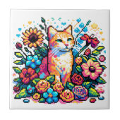 Carreau Pixel Art | Cat assis en fleurs (Devant)