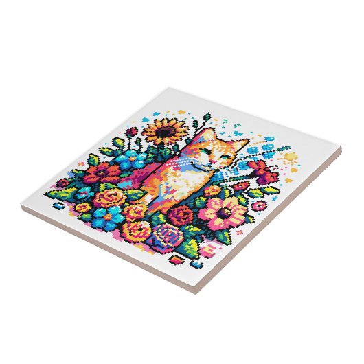 Carreau Pixel Art | Cat assis en fleurs (Côté)