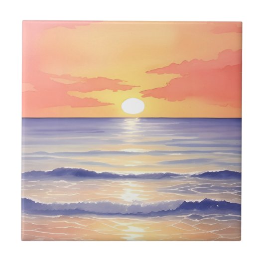 Carreau Plage à Sunset Ocean Wave Watercolor Peinture (Devant)