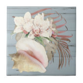 Carreau Plage Orchidée Floral Conch Seashell Dusty Blue Wo (Devant)