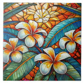 Carreau Plumeria en verre tendu sur orange (Devant)