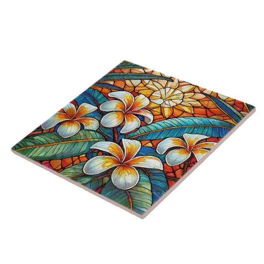 Carreau Plumeria en verre tendu sur orange (Côté)