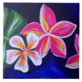 Carreau Plumeria rose peinte sur bleu tropical (Devant)