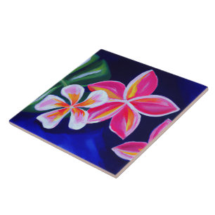 Carreau Plumeria rose peinte sur bleu tropical
