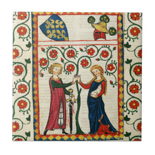 CARREAU POÈTE ALLEMAND, SA FEMME AIMÉE, MINIATURE MÉDIÉVAL