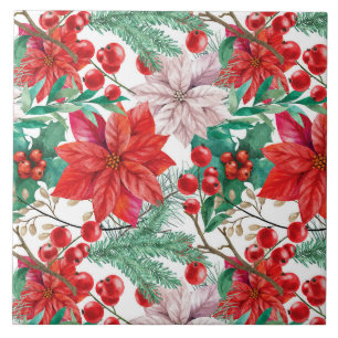 Carreau Poinsettia, branches de pin et baies rouges