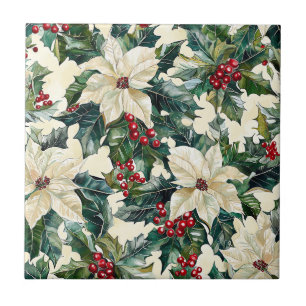 Carreau Poinsettia d'ivoire Baies cramoisies Feuillage d'h