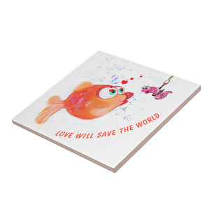 Carreau Poisson amusant et ver Love Carton en céramique Ca