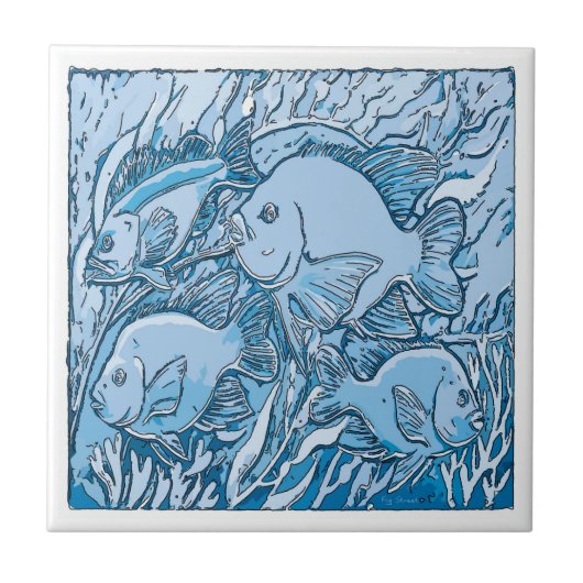 Carreau Poisson bleu et algues, bleu hollandais Delft Look (Devant)