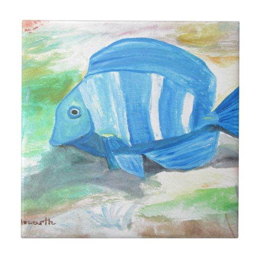 Carreau Poisson bleu tropical Aquarelle Océan (Devant)