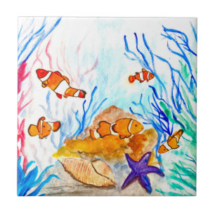Carreau Poisson clown Aquarelle Bleu Océan Nautique