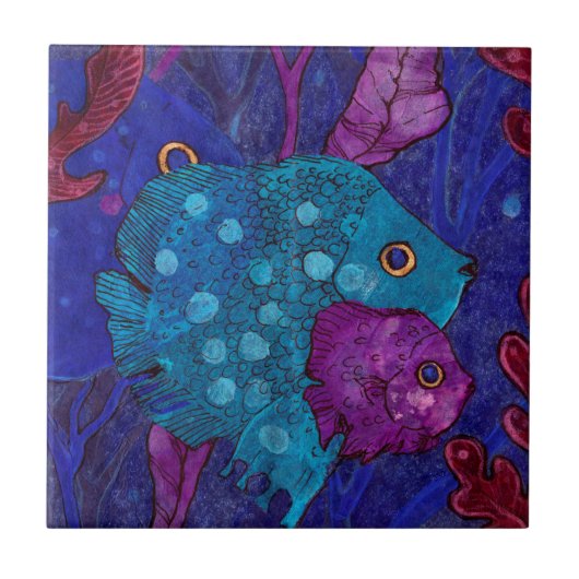 Carreau Poisson Famille, Mère & Bébé Bleu pourpre sous l'e (Devant)