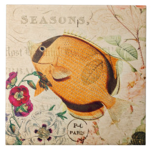 Carreau Poisson-papillon vintage Illustration Florale fran