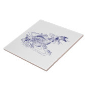 Carreau Poisson vintage japonais bleu et blanc Koi (Côté)