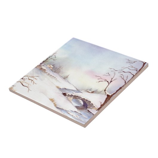 Carreau Pont Snowy Aquarelle Paysage Peinture (Côté)
