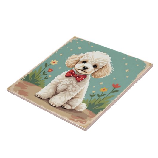 Carreau Poodle blanc adorable avec noeud papillon (Côté)