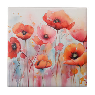 Carreau Poppies d'aquarelle rouge dans un champ