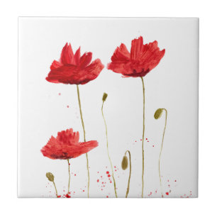 Carreau Poppies rouge pavot fleurs d'aquarelle rustique