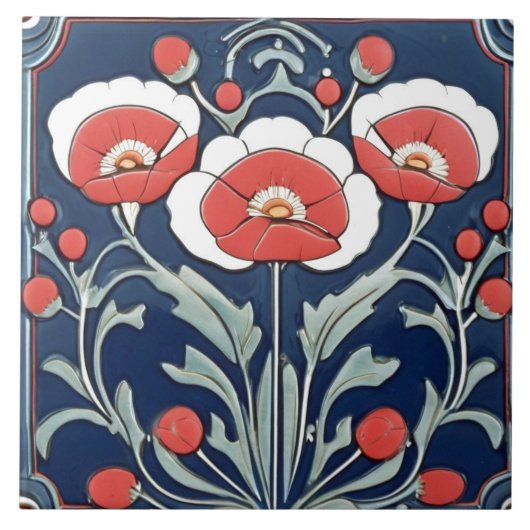 Carreau Poppies rouges Fleur de pavot Art Nouveau Déco Art (Devant)