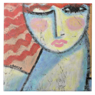 Carreau Portrait Abstrait de la tête rouge d'une femme sur