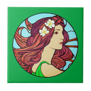 Carreau Portrait Art Nouveau d'une femme sur Emerald Green
