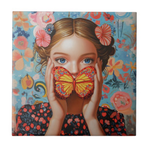 Carreau Portrait Butterfly Girl in a Floral Wonderland