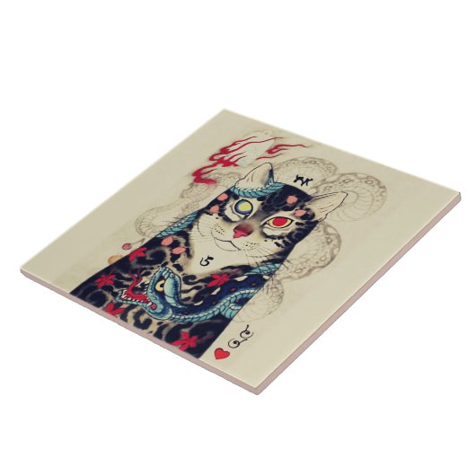 CARREAU PORTRAIT DE CHAT SAMURAI AVEC TATOS SERPENTS (Côté)