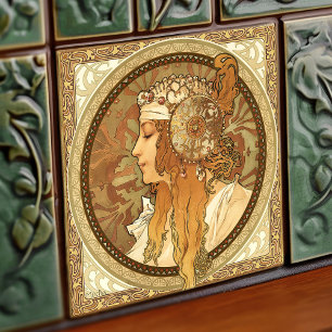 Carreau Portrait de femme Art Nouveau Vintage Alphonse Muc