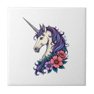 Carreau Portrait de licorne florale vintage psychédélique 