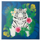Carreau Portrait de tigre blanc avec feuilles tropicaux (Devant)