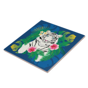 Carreau Portrait de tigre blanc avec feuilles tropicaux