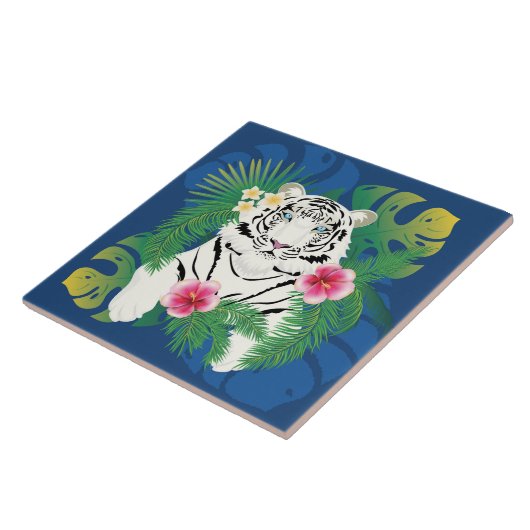Carreau Portrait de tigre blanc avec feuilles tropicaux (Côté)