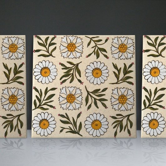 Carreau Poteries Marguerites Fleurs blanches et vertes san