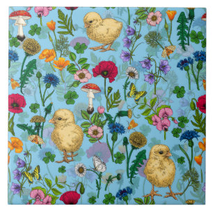 Carreau Poulets et fleurs sauvages sur le bleu bébé