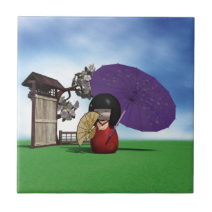 Carreau Poupée Kokeshi Japonaise Art Cerisier en Fleur