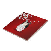 Carreau Poupée Kokeshi Rouge Noir Blanc Cerisier Fleurs (Côté)