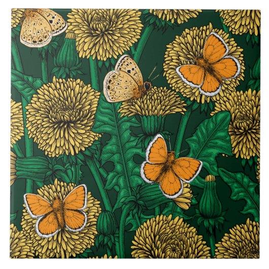 Carreau Pré de Dandelion sur vert foncé (Devant)