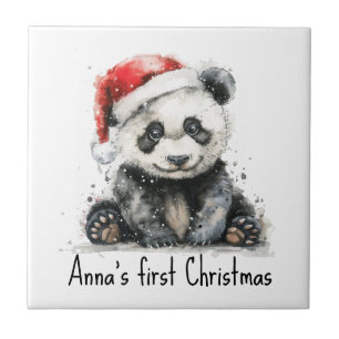 Carreau Premier Noël de bébé personnalisé Panda Santa aqua