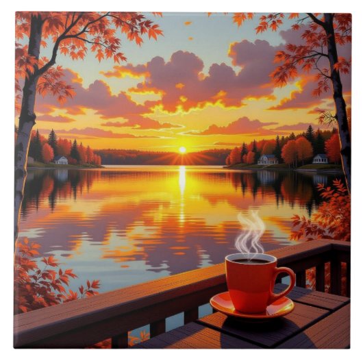 Carreau Pretty Lake Side View of a Sunrise and Warm Coffee (Devant)