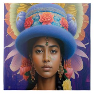 Carreau princesse asiatique avec grand casquette bleu