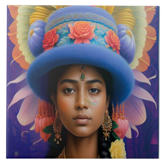 Carreau princesse asiatique avec grand casquette bleu (Devant)