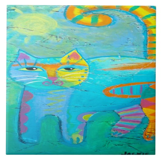 Carreau Psychedelic Kitty Abstraite peinture de chats (Devant)