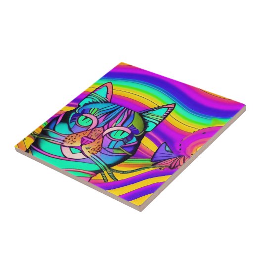 Carreau Psychédélique chat grave coloré violet fuschia (Côté)